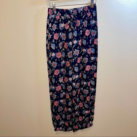 NWT RAGA Navy & Pink Floral Boho Palazzo Elastic Waist Pant Small - Picture 1 of 12